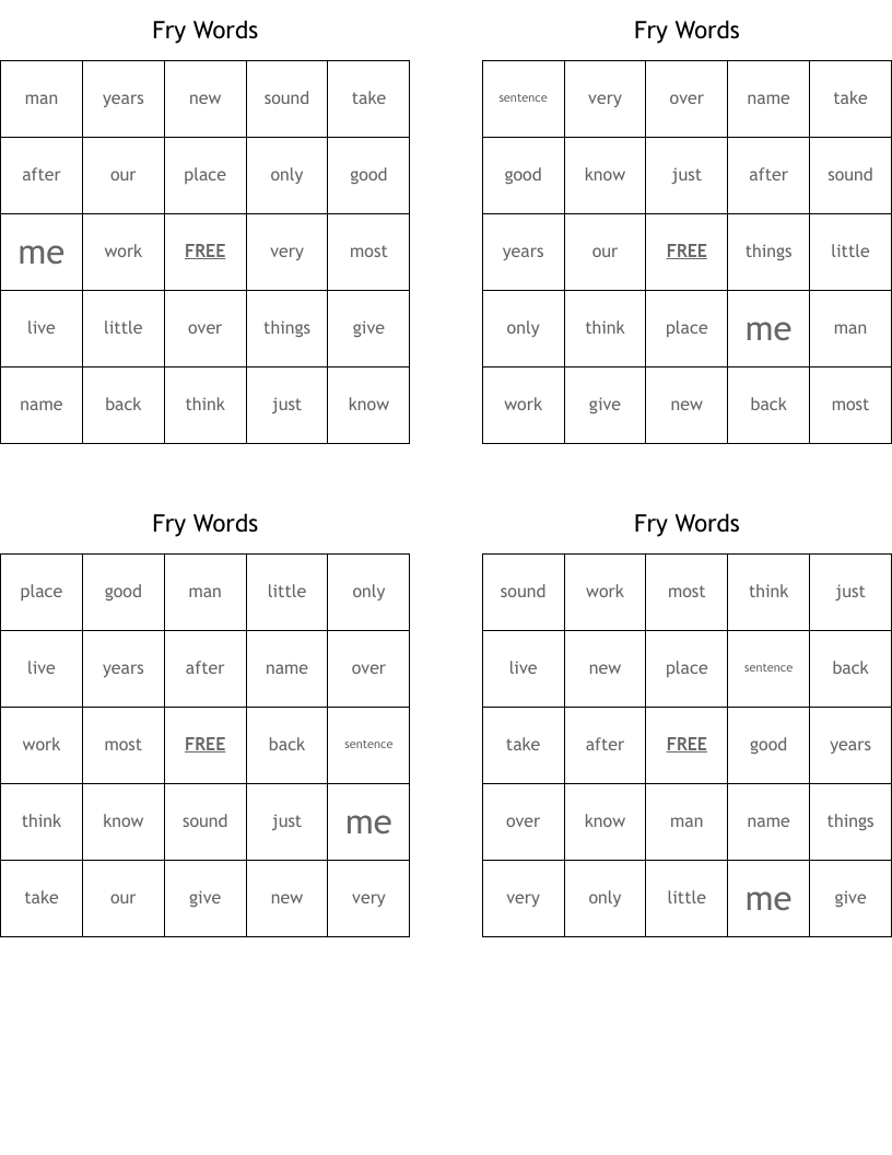 Fry Words Bingo Cards