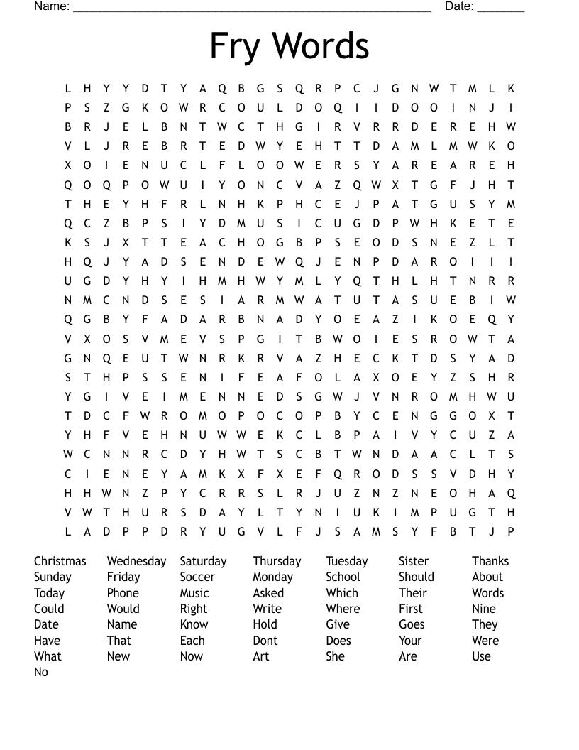 Fry Words Word Search