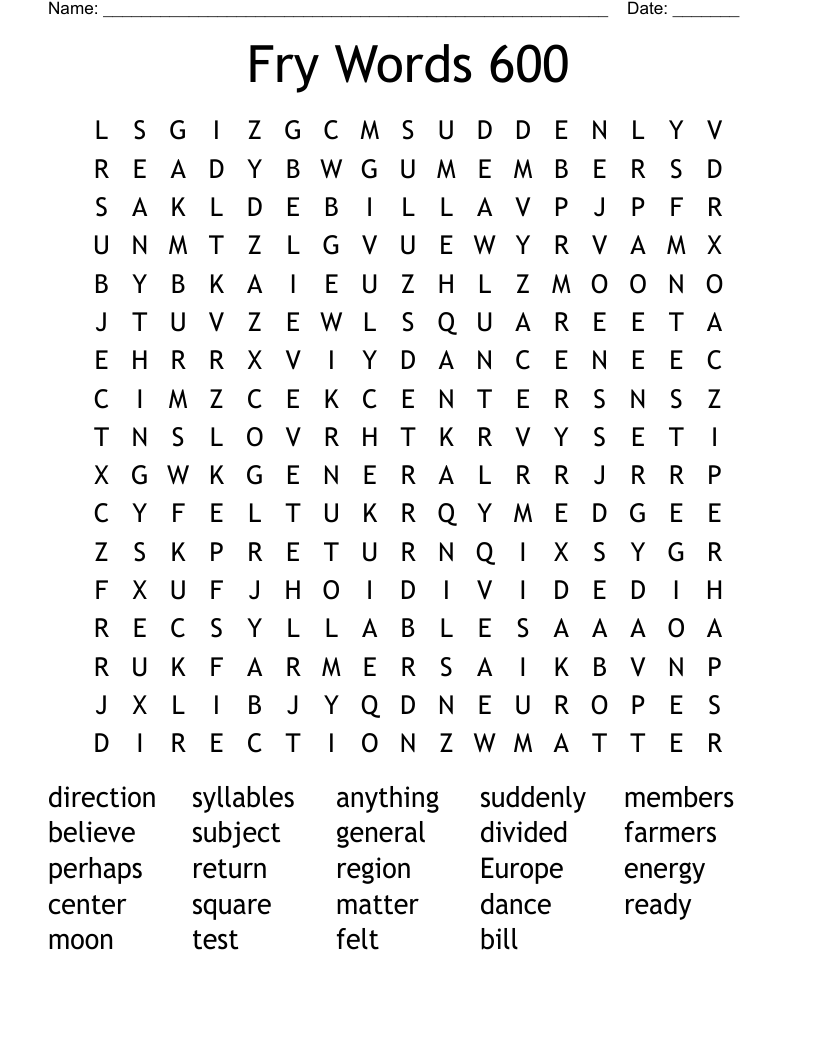 Fry Words 600 Word Search