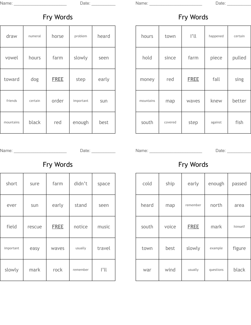 Fry Words Bingo Cards