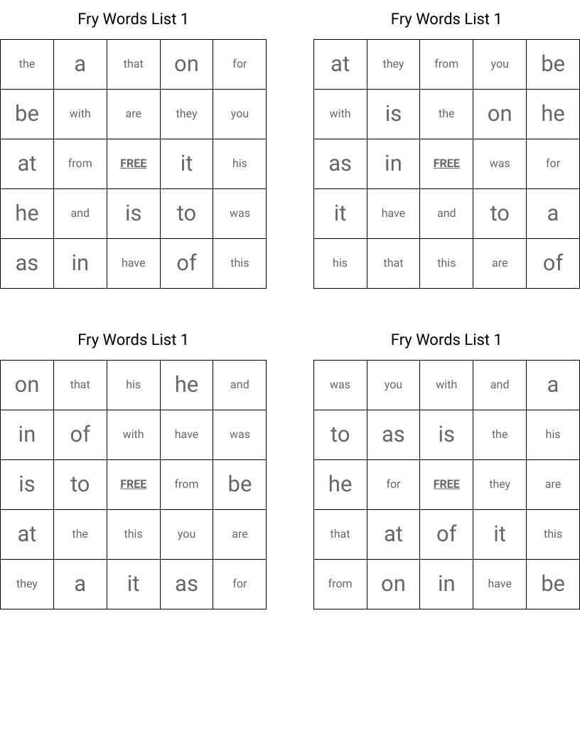 Fry Words List 1 Bingo Cards
