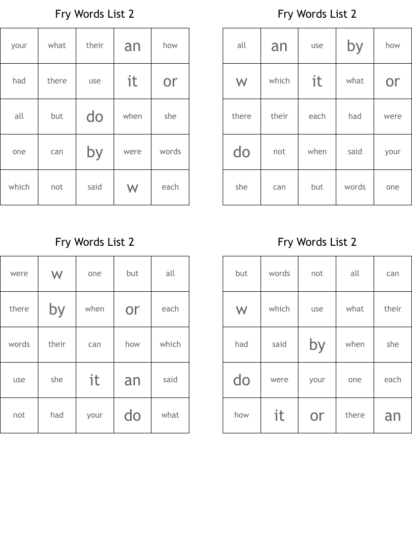 Fry Words List 2 Bingo Cards
