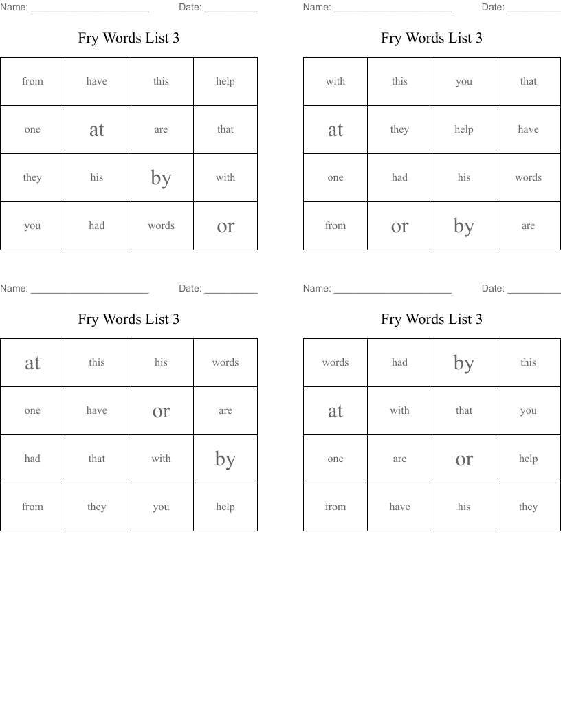 Fry Words List 3 Bingo Cards