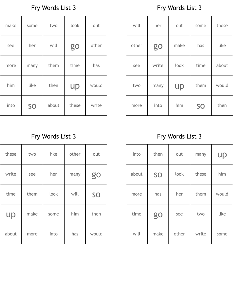 Fry Words List 3 Bingo Cards