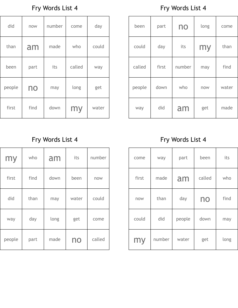 Fry Words List 4 Bingo Cards