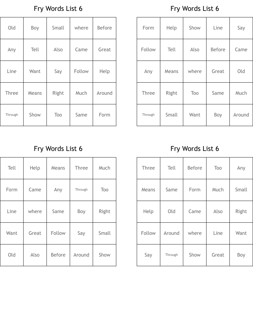 Fry Words List 6 Bingo Cards