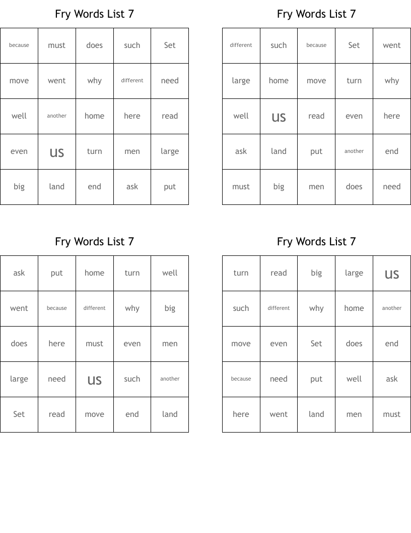Fry Words List 7 Bingo Cards