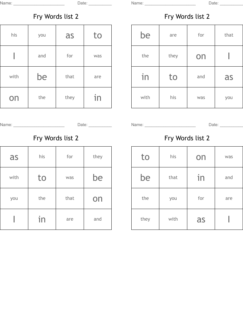 Fry Words list 2 Bingo Cards