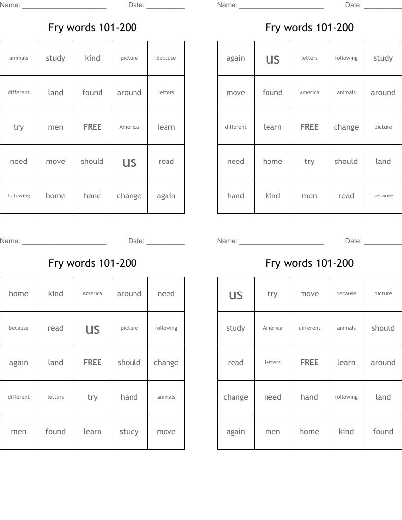 Fry words 101-200 Bingo Cards