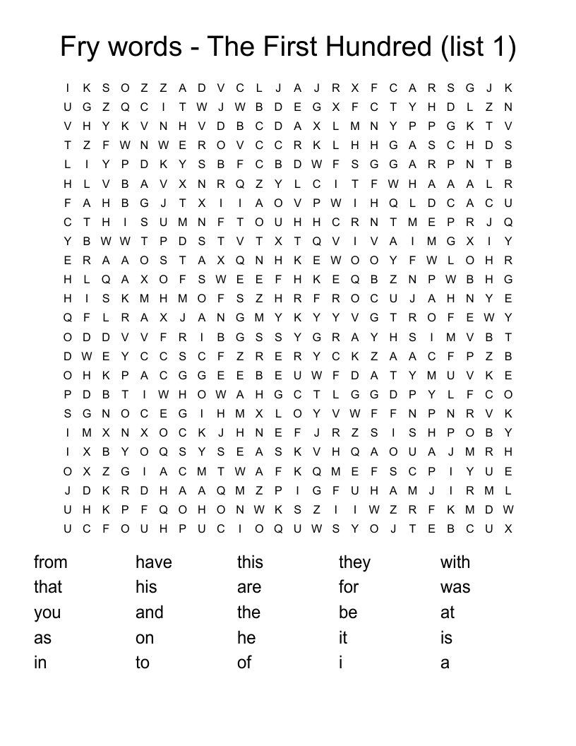 Fry words - The First Hundred (list 1) Word Search