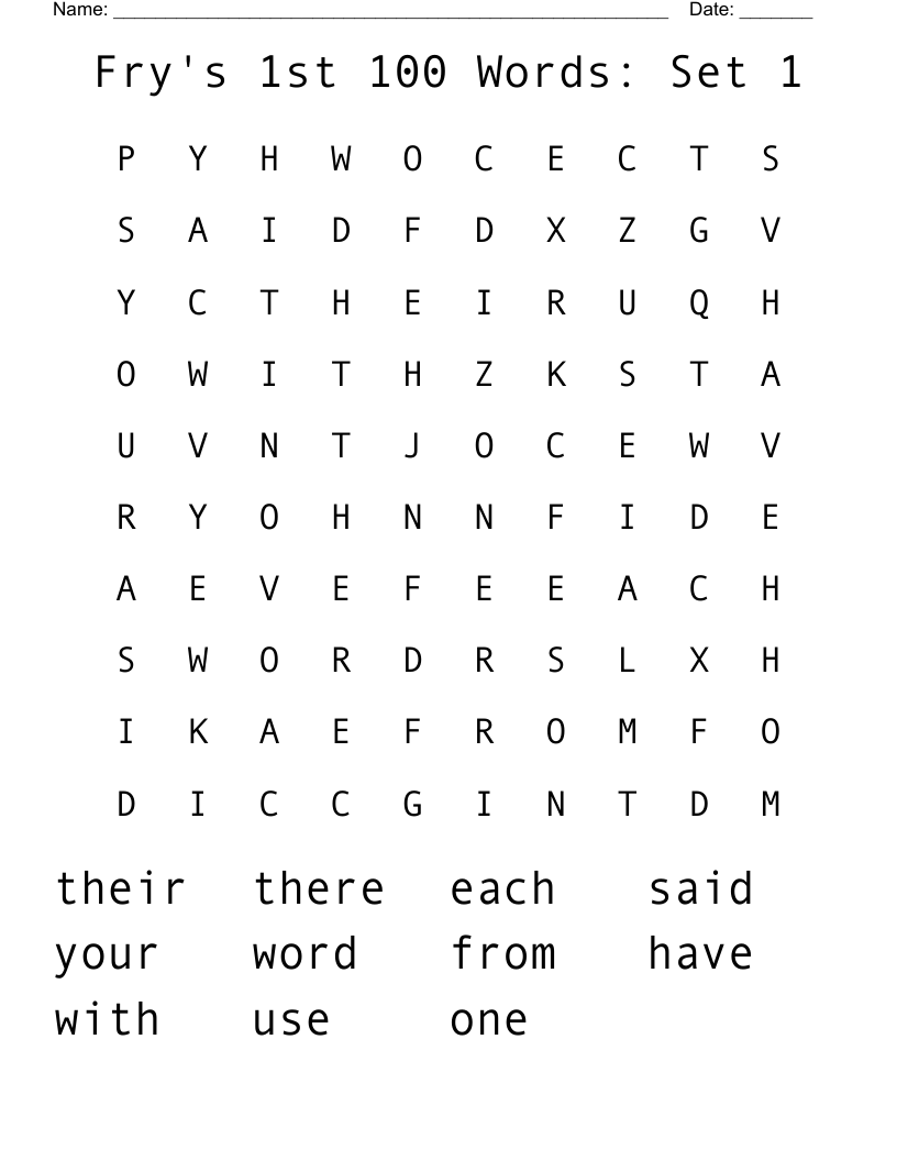 Fry's 1st 100 Words: Set 1 Word Search
