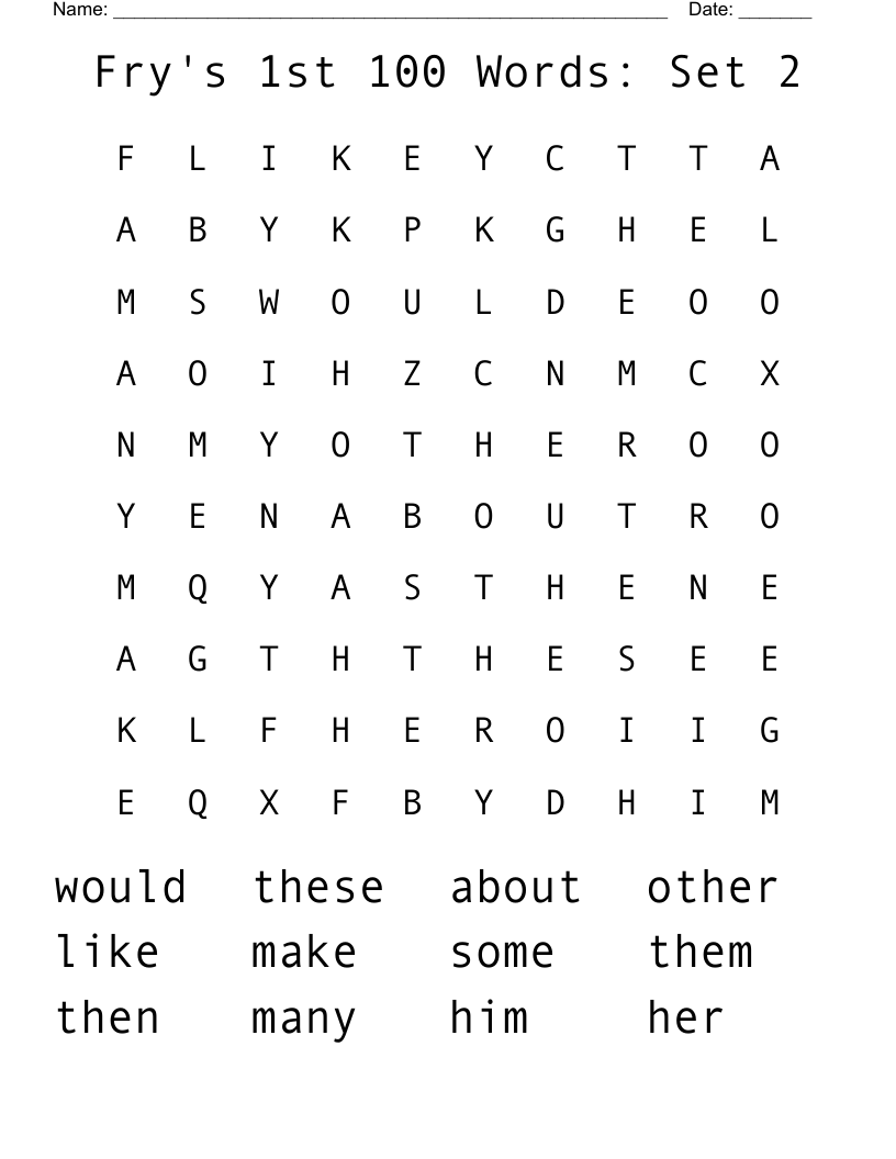 Fry's 1st 100 Words: Set 2 Word Search