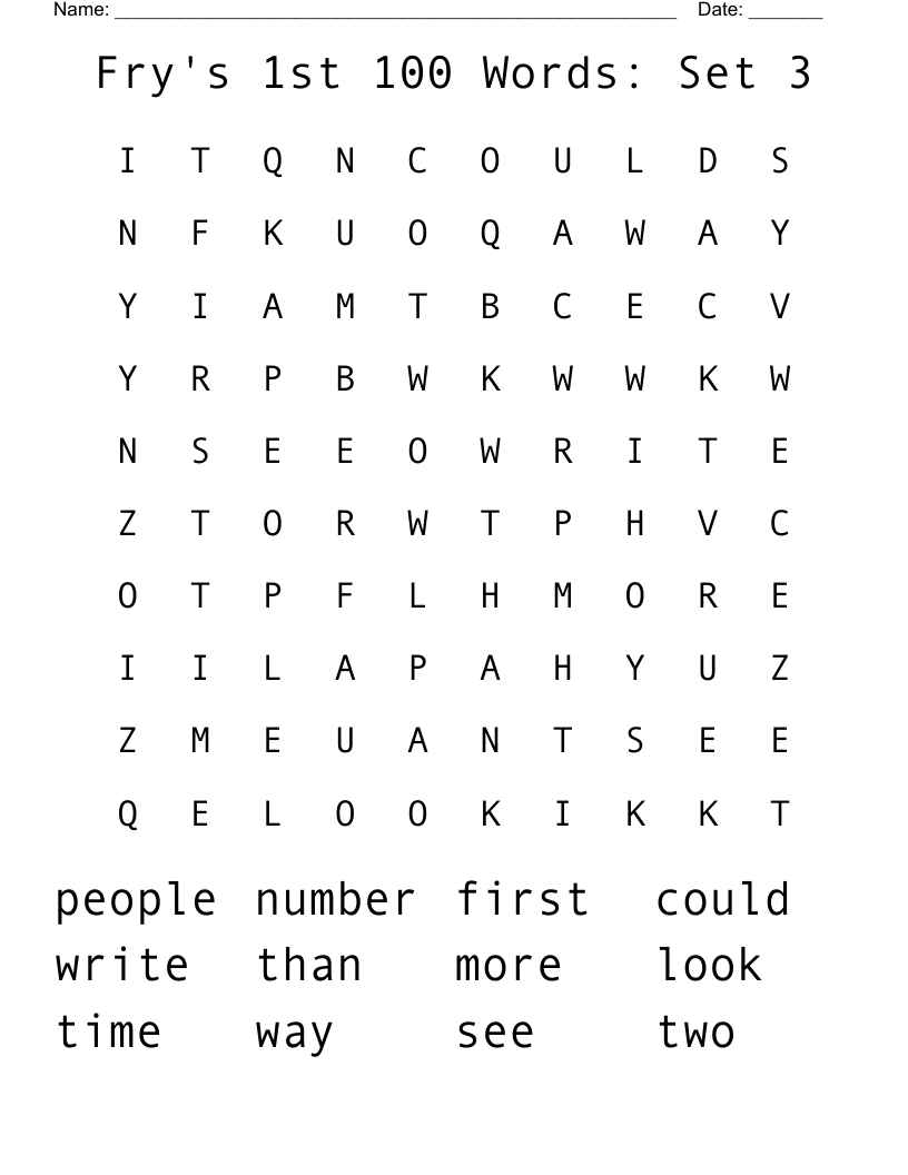 Fry's 1st 100 Words: Set 3 Word Search