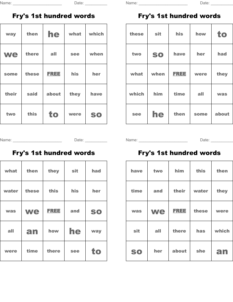 Fry's 1st hundred words Bingo Cards