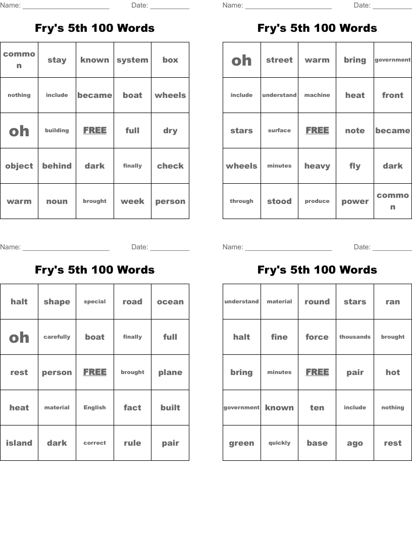 Fry's 5th 100 Words Bingo Cards