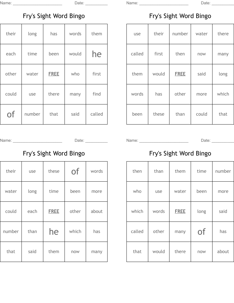 Fry's Sight Word Bingo 