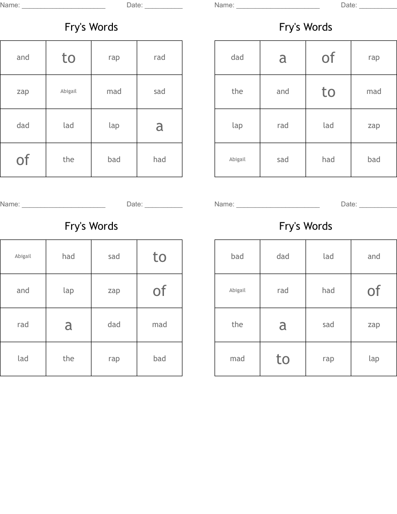 Fry's Words Bingo Cards