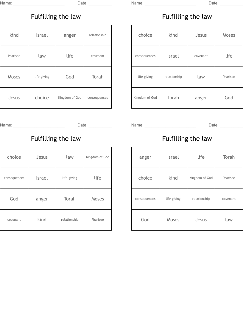 Fulfilling the law Bingo Cards