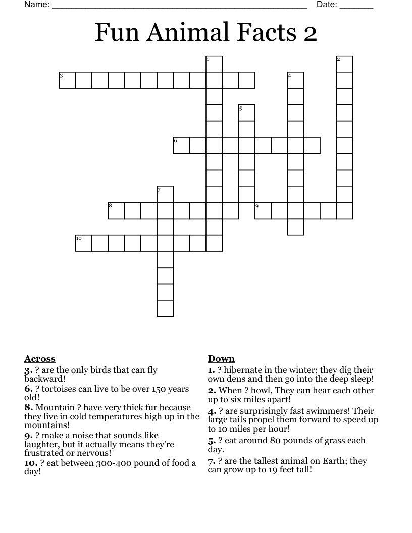 Fun Animal Facts 2 Crossword