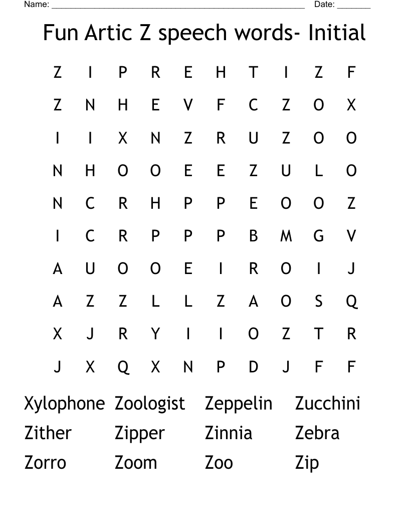 Fun Artic Z speech words- Initial Word Search