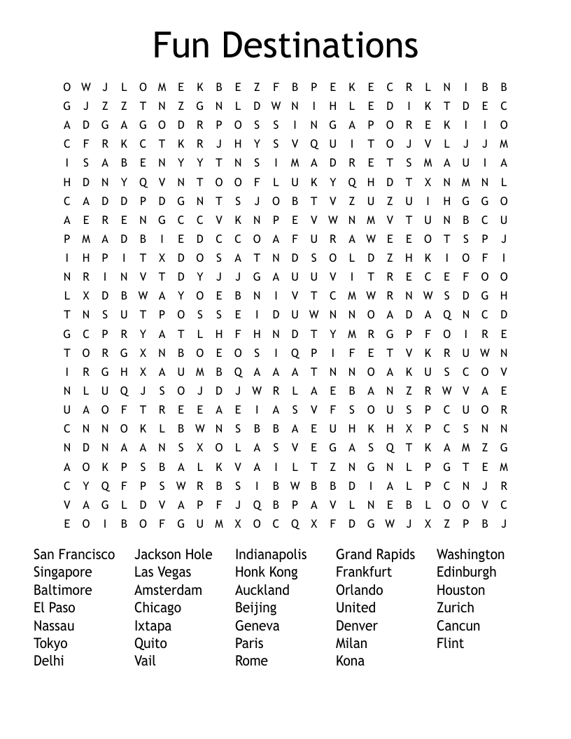 Fun Destinations Word Search