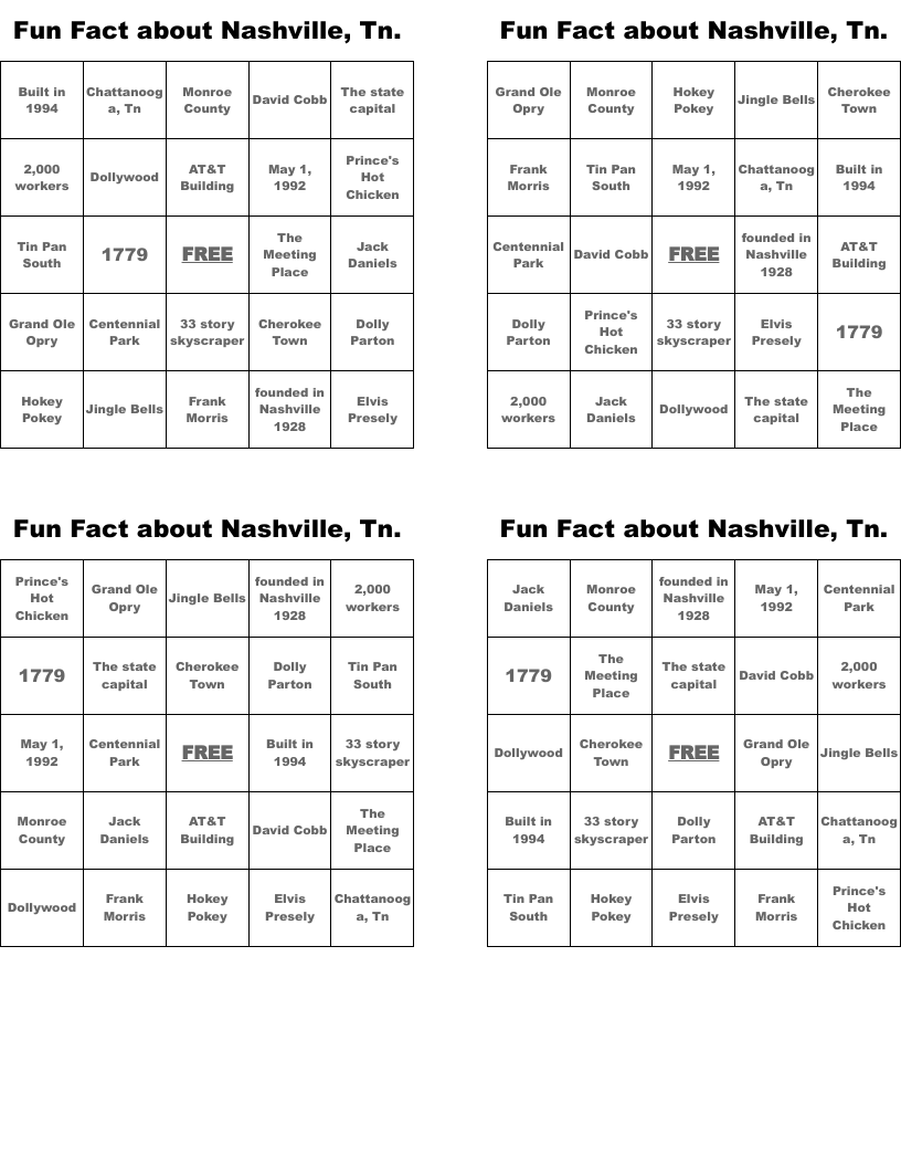 Fun Fact about Nashville, Tn. Bingo Cards
