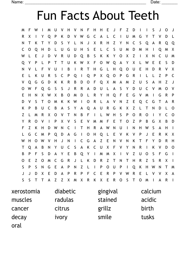 Fun Facts About Teeth Word Search