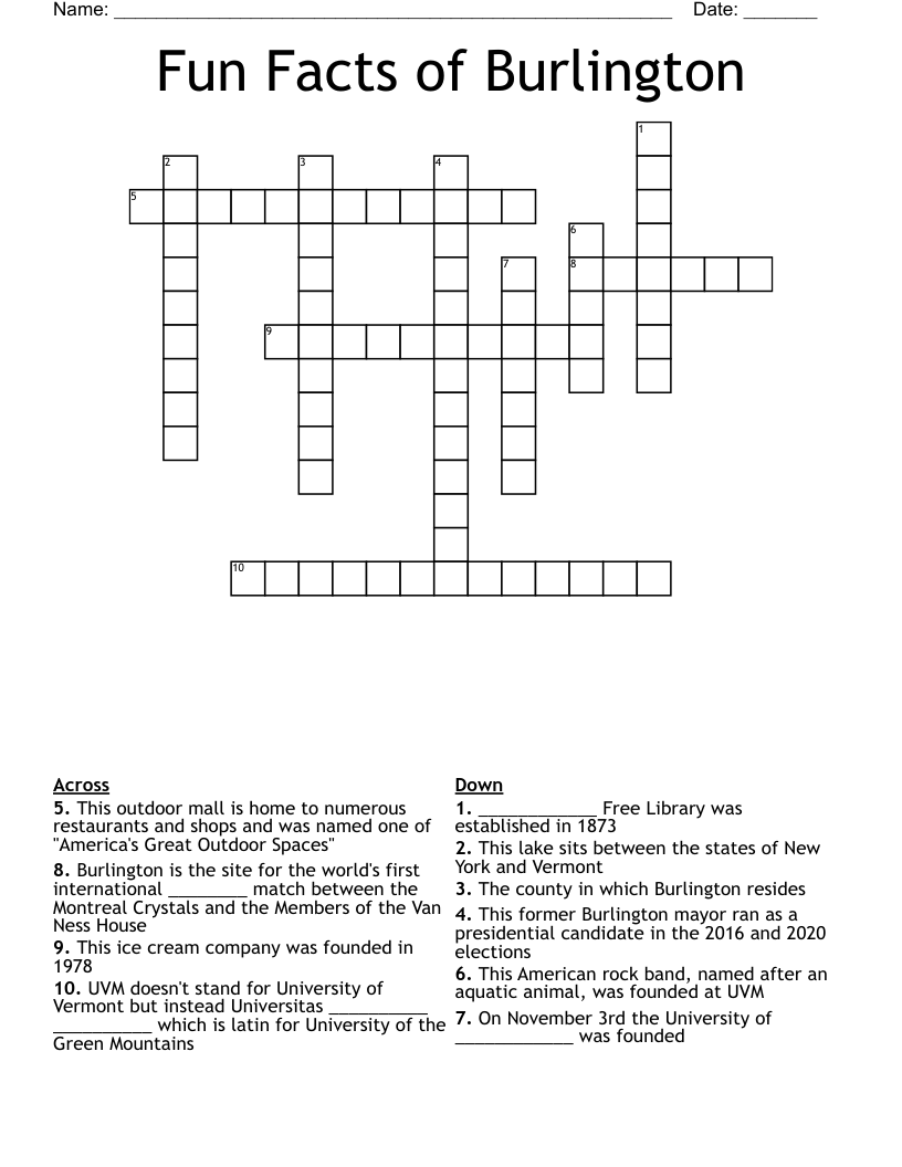 Fun Facts of Burlington Crossword