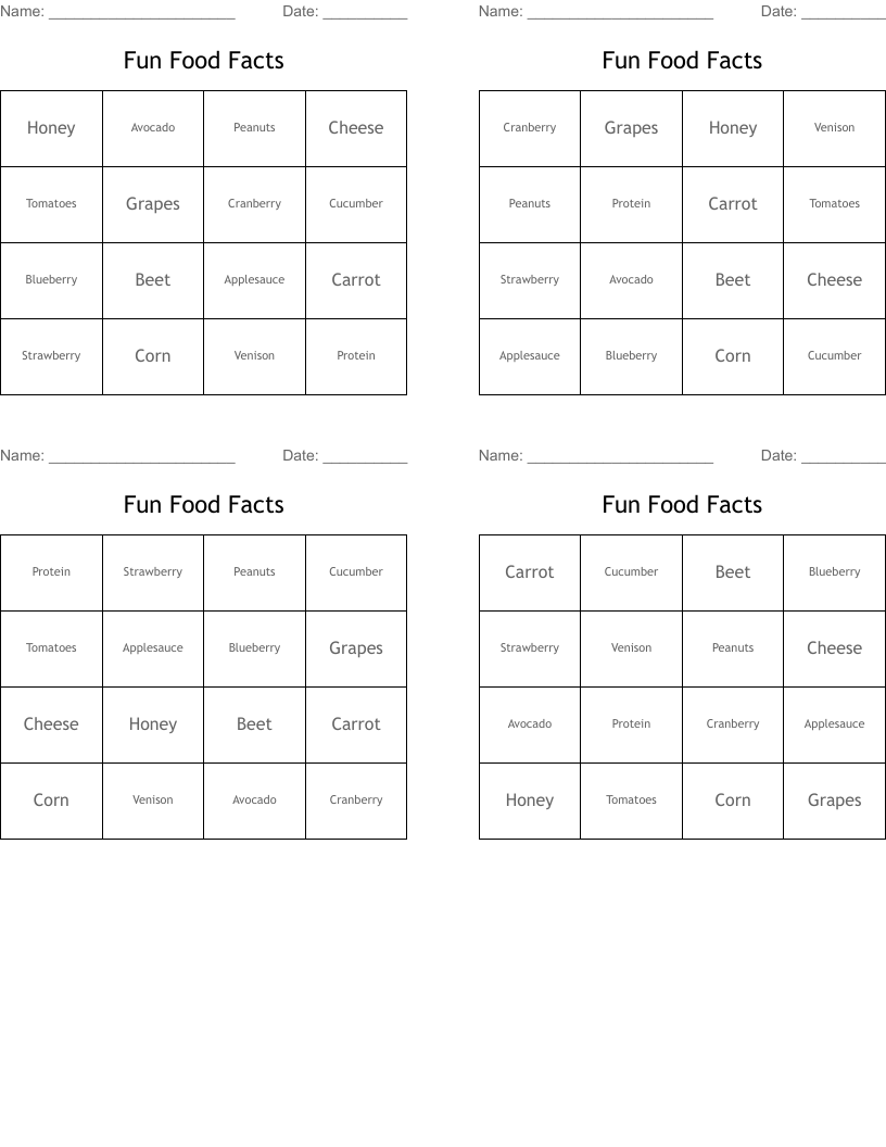 Fun Food Facts Bingo Cards