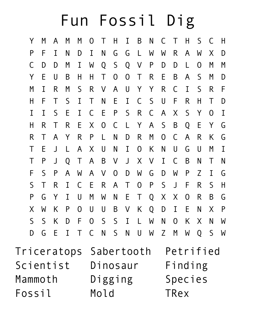 Fun Fossil Dig Word Search