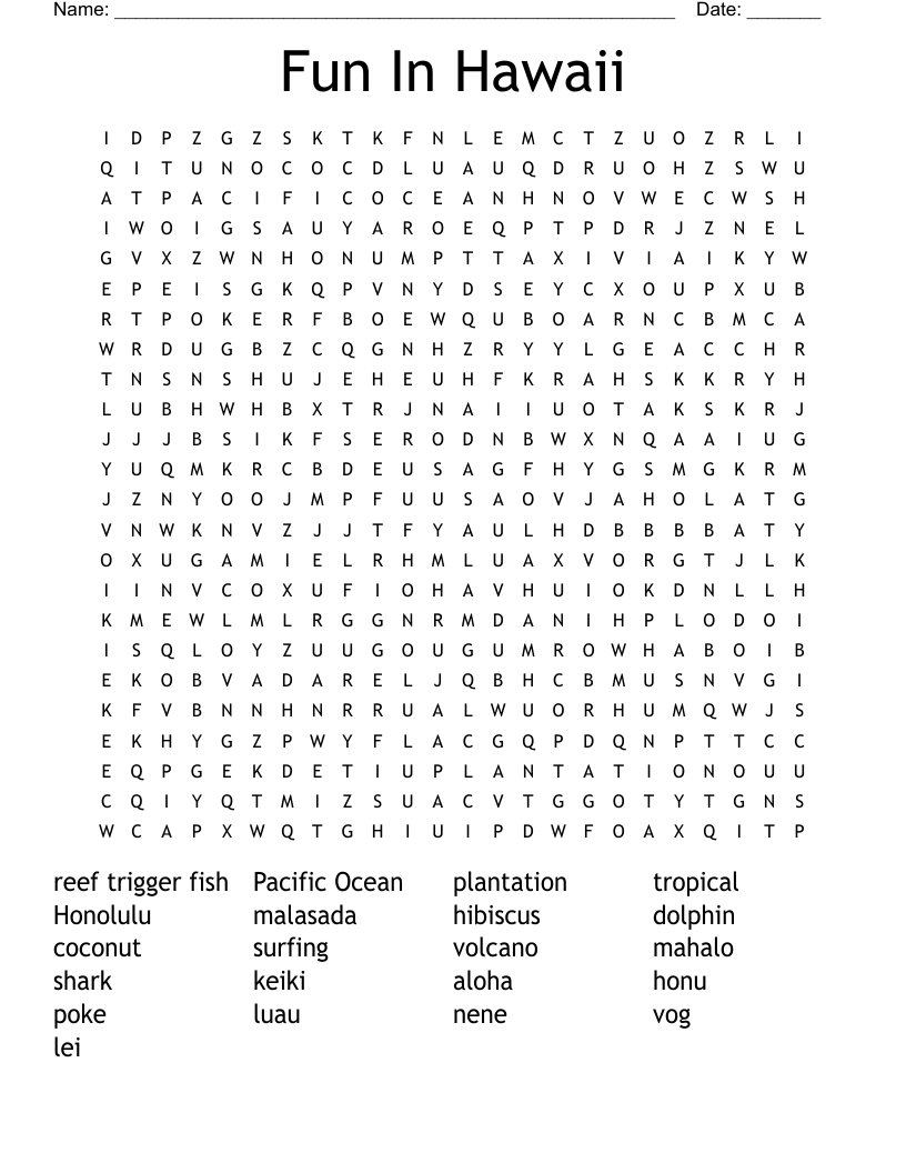 Fun In Hawaii Word Search