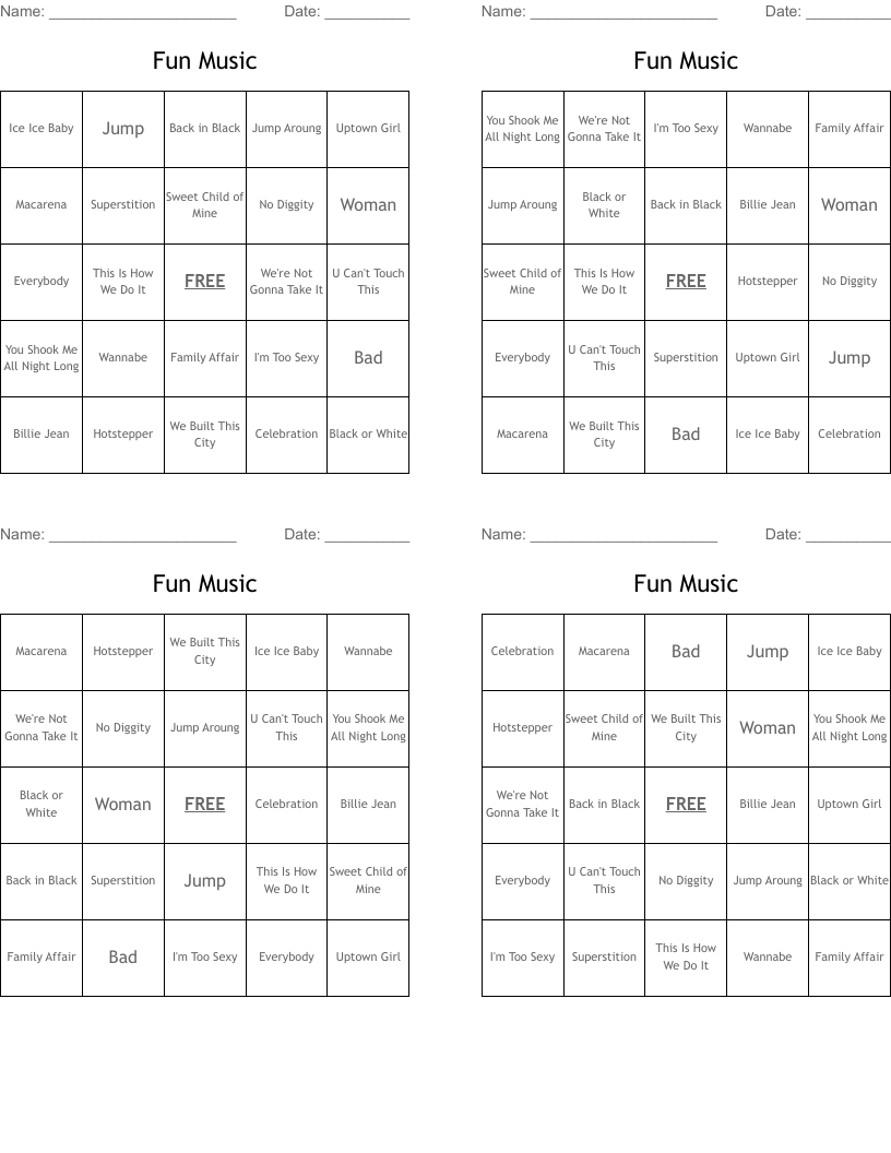 Fun Music Bingo Cards