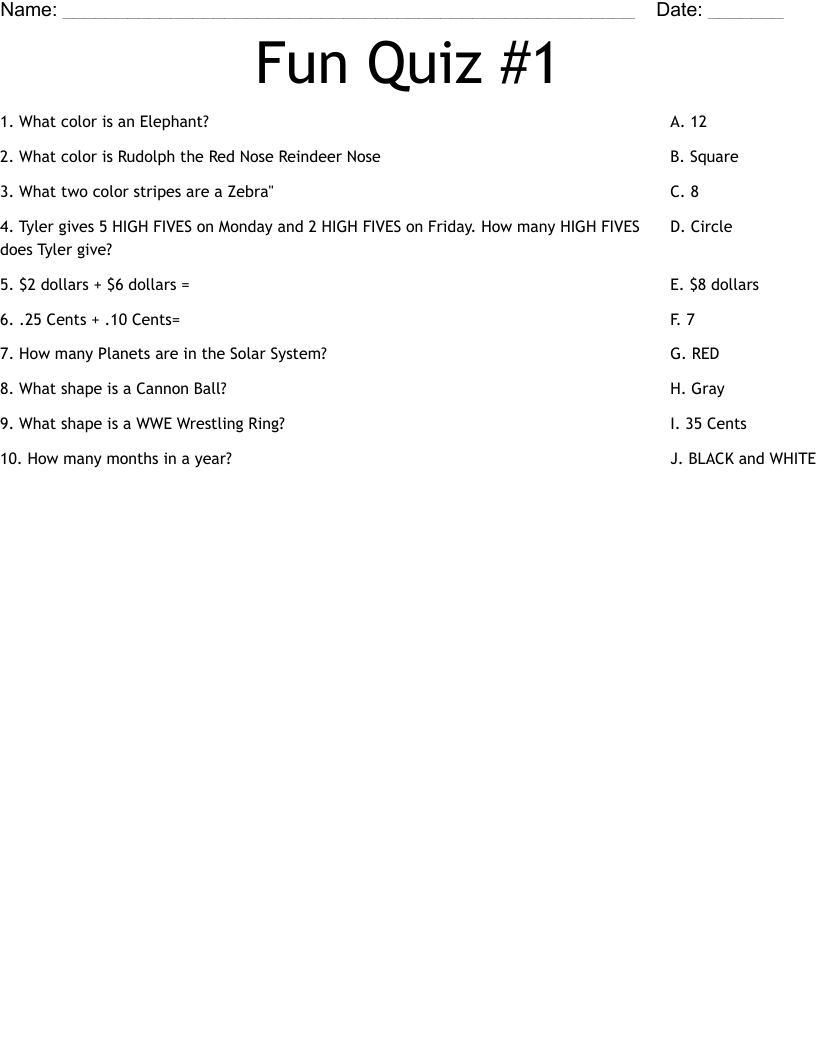Fun Quiz #1 Worksheet