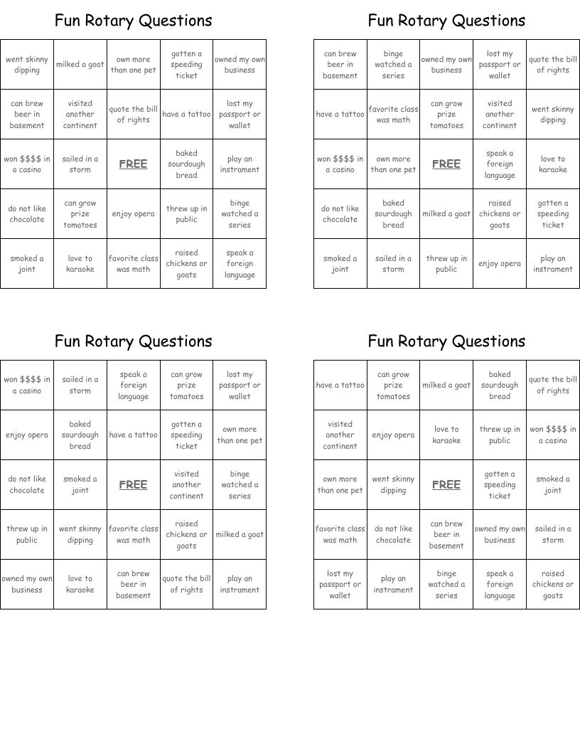 Fun Rotary Questions Bingo Cards