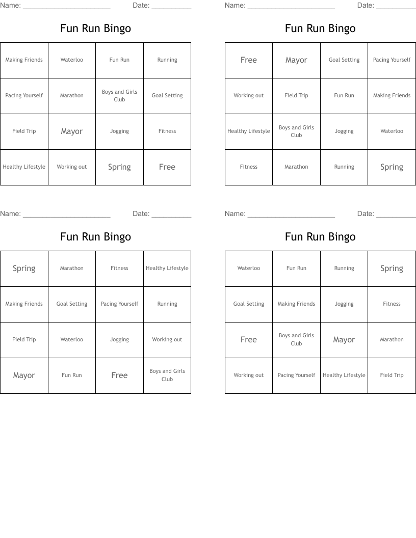 Fun Run Bingo