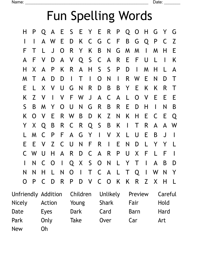 Fun Spelling Words Word Search