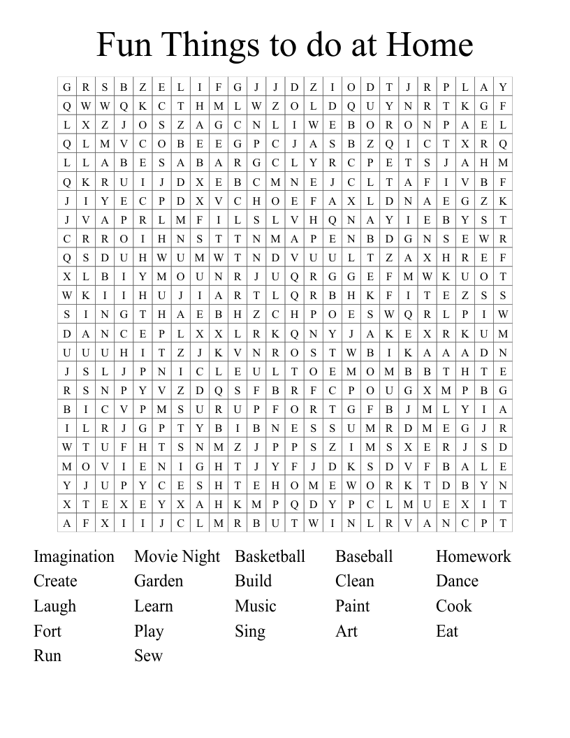 Fun Things to do at Home Word Search