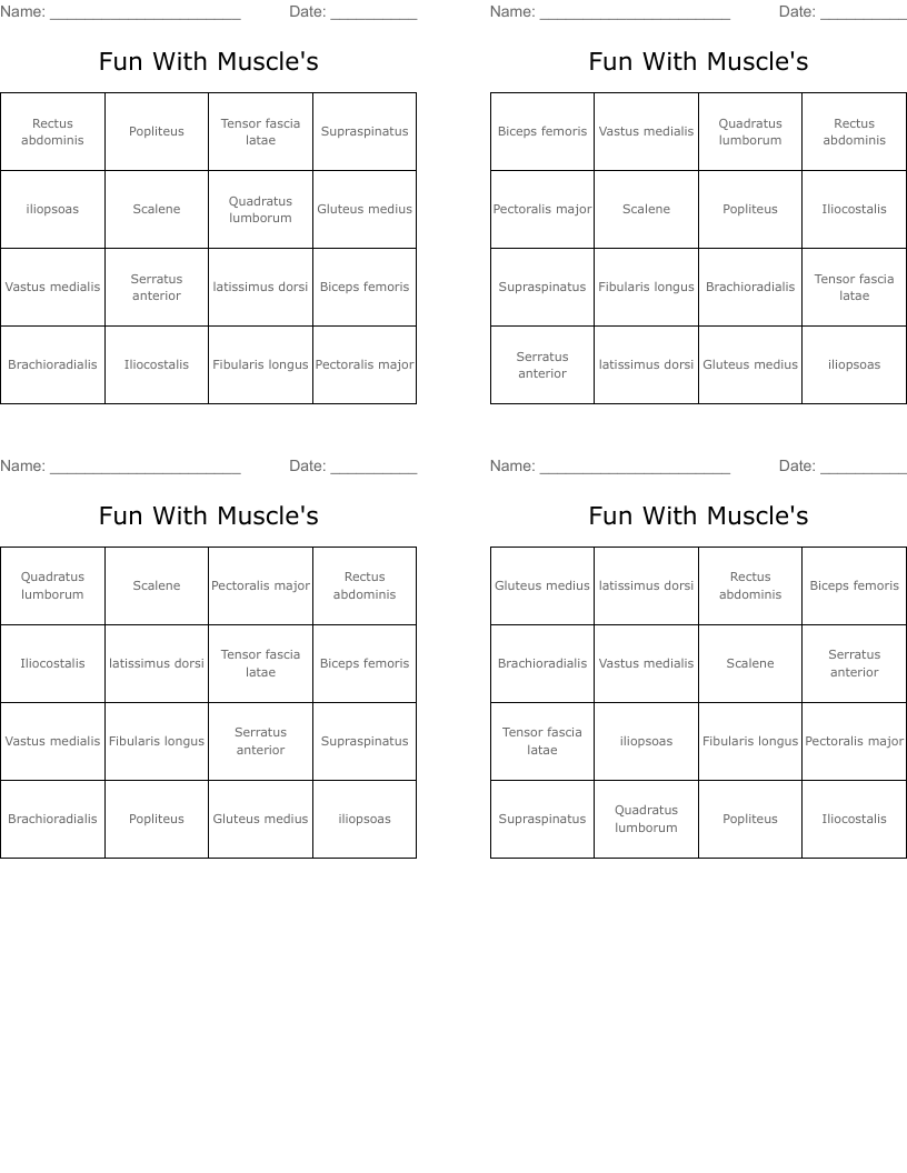 Fun With Muscle's Bingo Cards