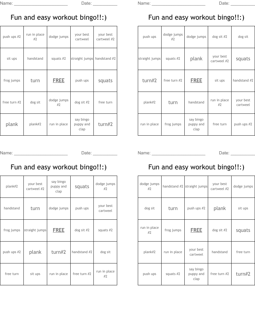 Fun and easy workout bingo!!:)