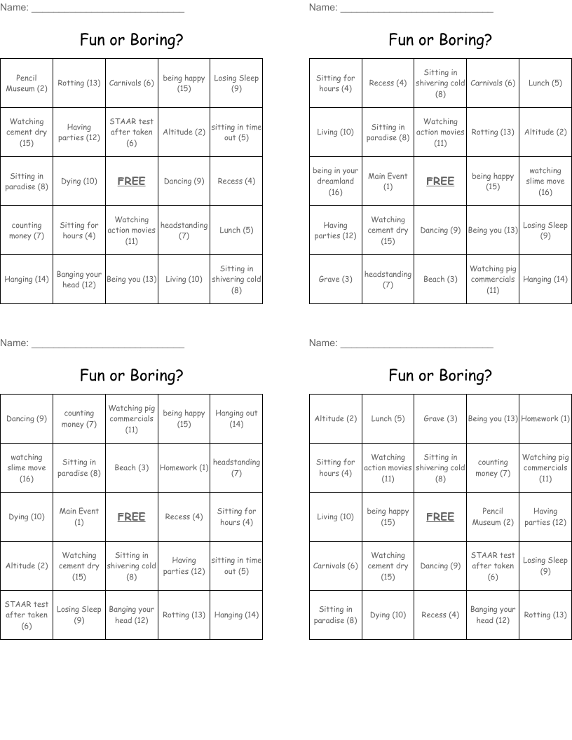 Fun or Boring? Bingo Cards