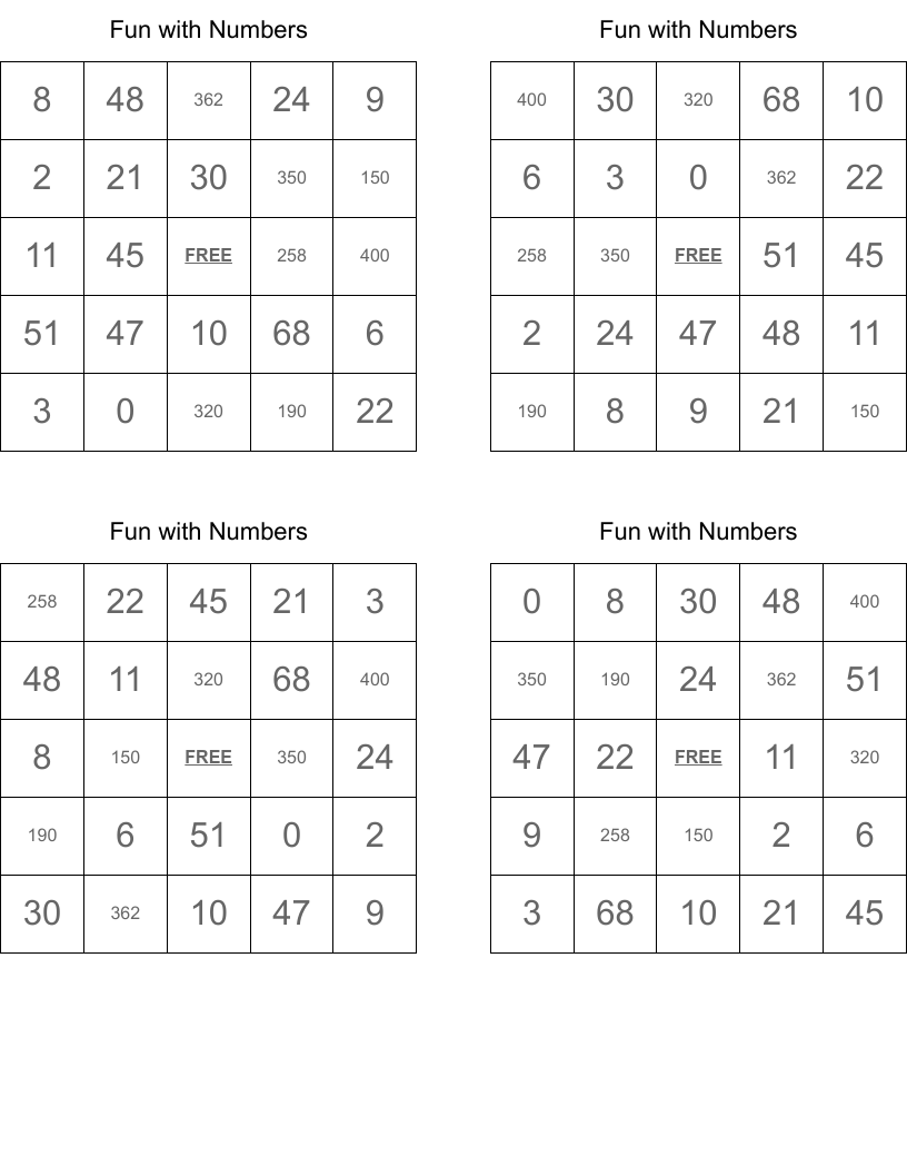 Fun with Numbers Bingo Cards