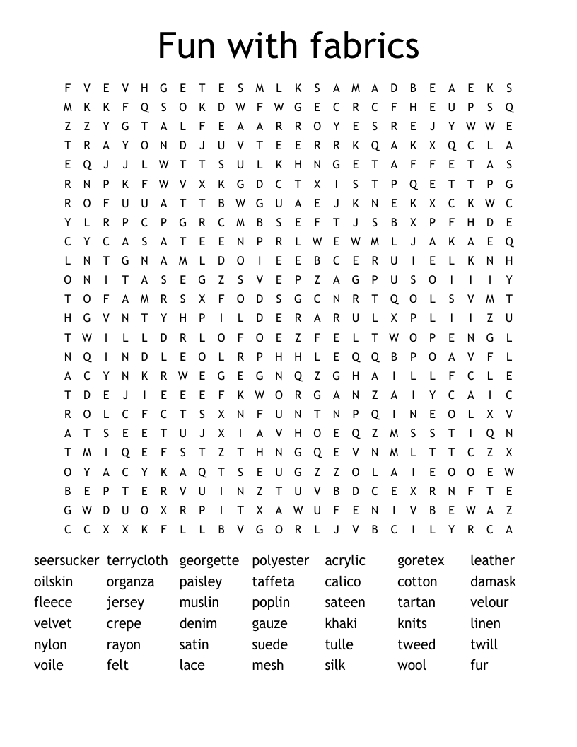 Fun with fabrics Word Search