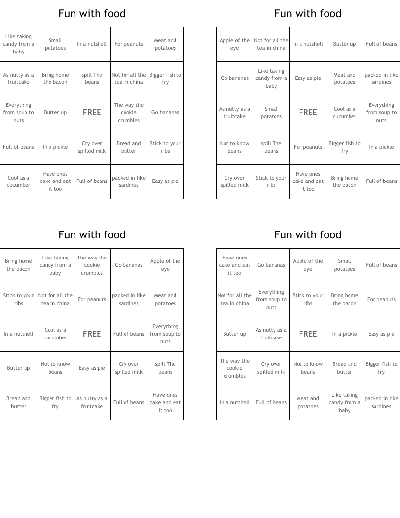 Fun with food Bingo Cards