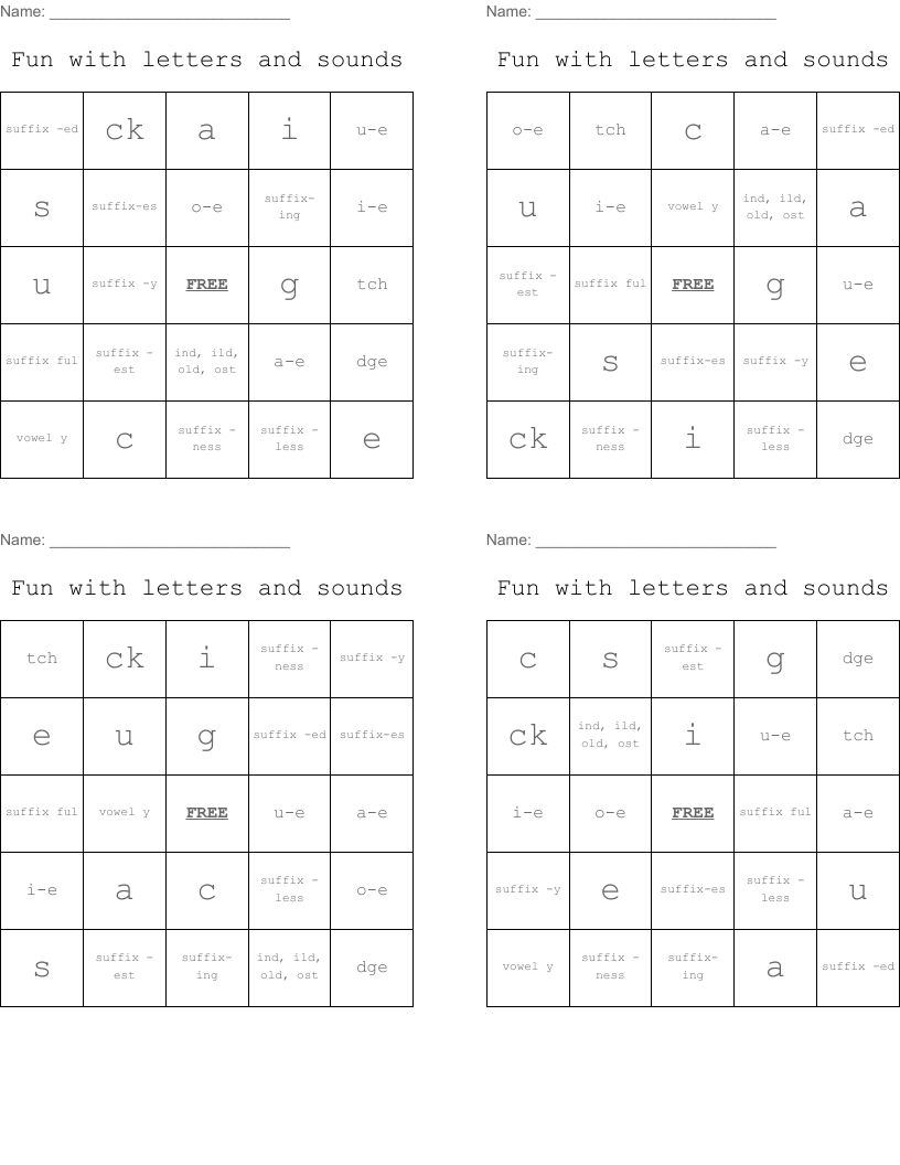 Fun with letters and sounds Bingo Cards