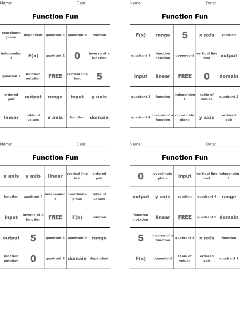 Function Fun Bingo Cards