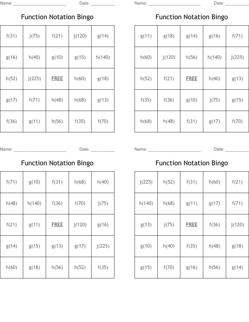 Function Notation Bingo