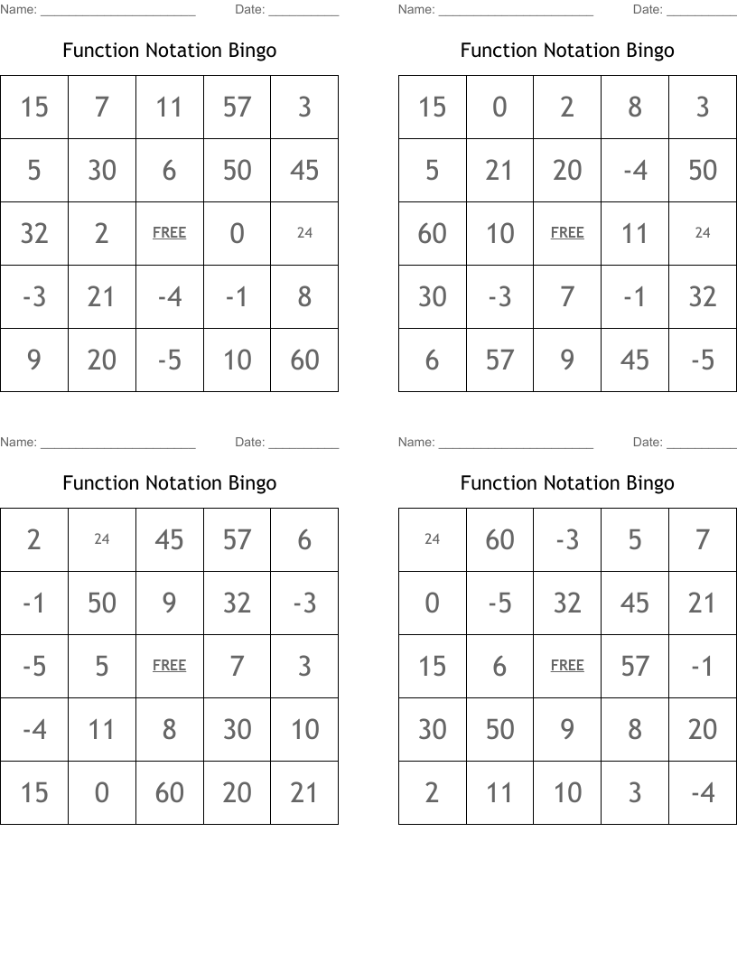 Function Notation Bingo 