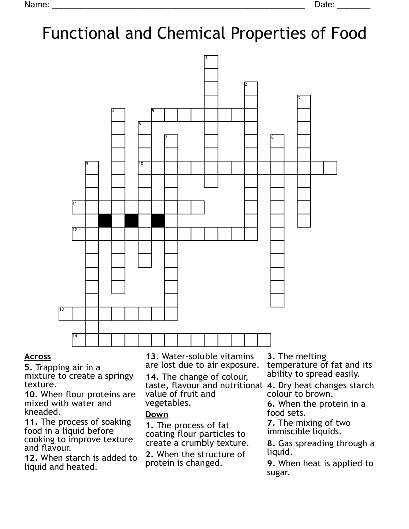 Functional and Chemical Properties of Food Crossword