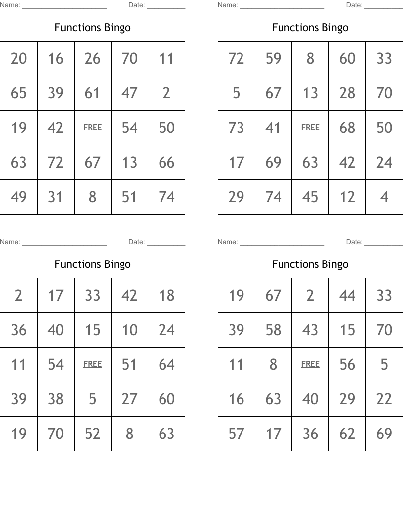 Functions Bingo