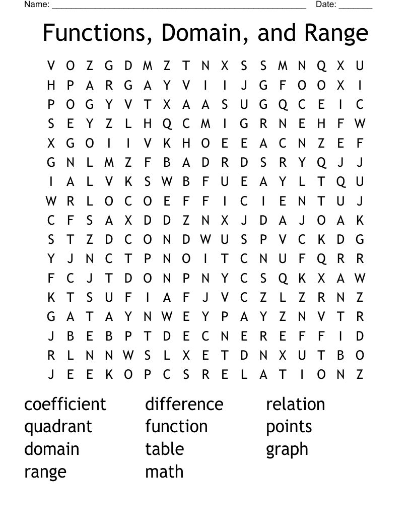 Functions, Domain, and Range Word Search